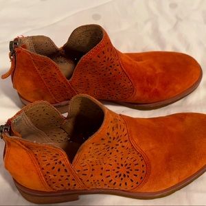 Sofft Orange Suede Laser-Cut Heeled Ankle Boots